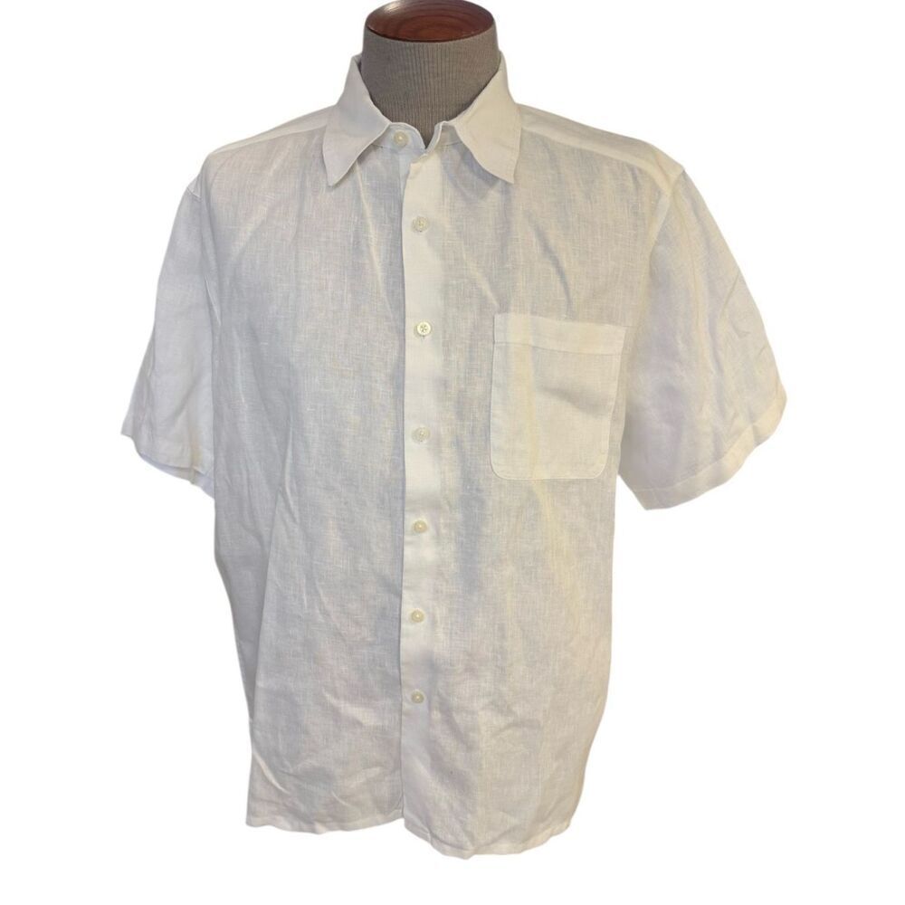 Alan Flusser Men’s 100% Linen Button Front Shirt Large White Vacation